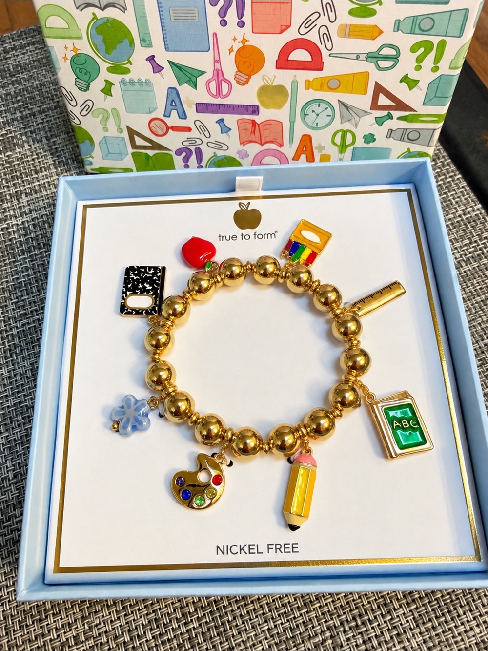 True To Form Gold 🍎Teacher/Student School supplies 📓Charm Bracelet✏️Dangle Gold